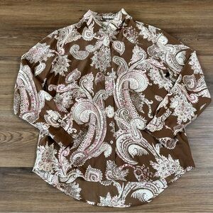 J McLaughlin 100% Silk Paisley Top Long Sleeve Button Blouse Shirt Brown Large